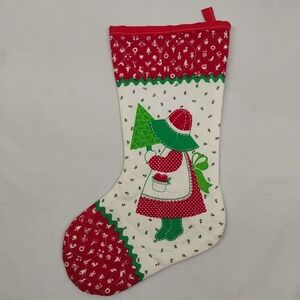 Vintage Holly Hobbie Style Quilted 14.5" Christmas Stocking Country Boy Girl